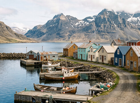 traditional iceland town by calm water with snow-dusted mountains in background