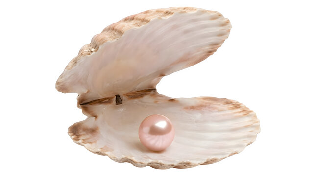 A pink pearl nestled in an open white seashell on transparent background