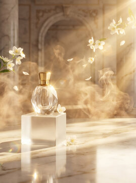 Glass bottle with jasmine flowers on a stone pedestal in a sunlit interior