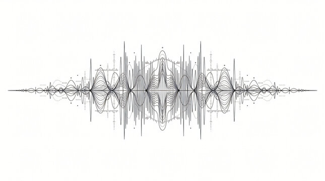 Symmetrical geometric audio wave visualization graphic with thin line style crisp black vector lines tracking acoustic frequencies and digital signal processing on white background