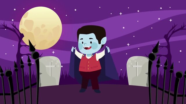 Cute Cartoon Vampire Boy in Graveyard Under Full Moon Halloween Illustration