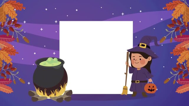 Cute Halloween Witch Girl with Cauldron Blank Frame and Autumn Leaves on Purple Background