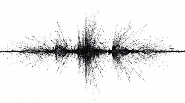 Dynamic sound wave impulse visualization with explosive digital particle style tiny crisp black dots dispersing along audio frequency paths isolated on white background template