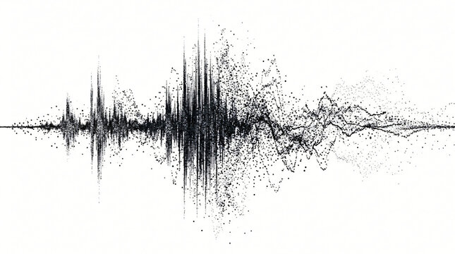 Dynamic sound wave impulse visualization with explosive digital particle style tiny crisp black dots dispersing along audio frequency paths isolated on white background template