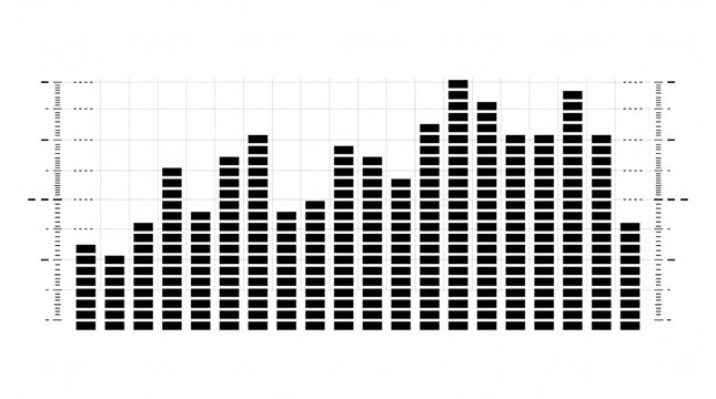Classic vertical bar graphic equalizer visualization with minimalist geometric style crisp black rectangular blocks tracking studio audio levels isolated on white background template