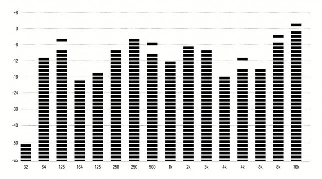 Classic vertical bar graphic equalizer visualization with minimalist geometric style crisp black rectangular blocks tracking studio audio levels isolated on white background template