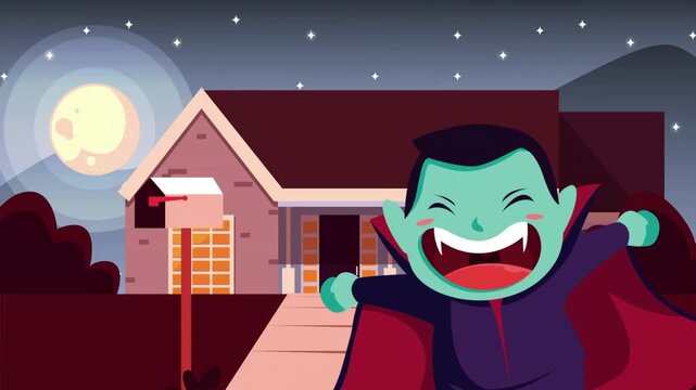 Cute Cartoon Boy in Dracula Vampire Costume Laughing in Front of Suburban House at Full Moon Night