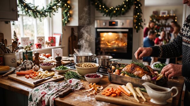 Busy Christmas kitchen with steaming pots, roast turkey, winter vegetables and family activity during holiday dinner preparation, in vivid detail