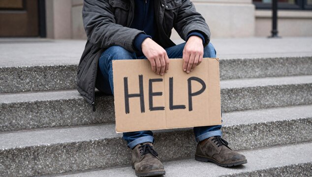 Man sitting on steps holding a cardboard sign that says help