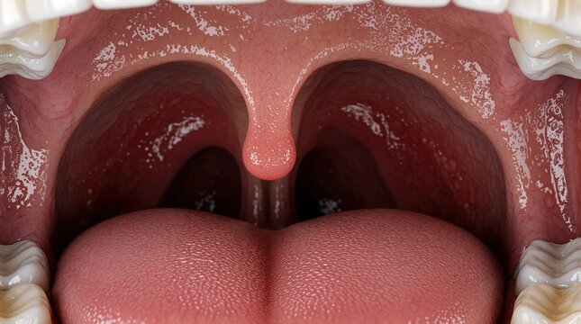 Close up view of human mouth showing inflamed tonsils, red swollen throat. Uvula hangs in middle of oral cavity. Medical macro shot of anatomy with irritated tissue, redness. Symptoms of sore throat
