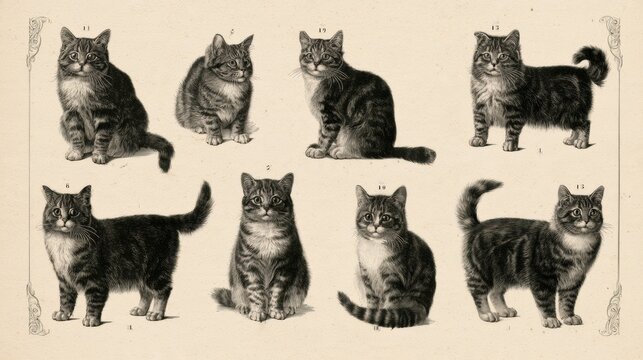 Eight detailed cat studies are arranged on an antique paper background, displaying various poses and anatomical features with reference markers.
