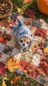 Small dog wearing gray shark costume looks upward while standing on colorful patchwork quilt outdoors, surrounded by autumn leaves, acorns, wicker basket and orange pumpkin