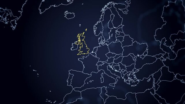 Outline of the United Kingdom highlighted in yellow on a futuristic digital globe with the other countries outlines in blue. Globe turning and camera zooming in. Gradient blue background.