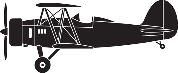 Vintage biplane silhouette illustration, classic propeller aircraft icon isolated on white background for aviation design © Abdul
