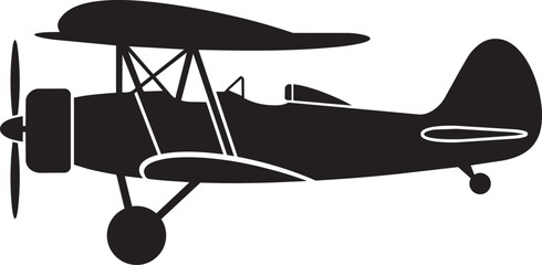 Vintage biplane silhouette icon, classic propeller aircraft graphic isolated on white background for aviation design projects © Abdul