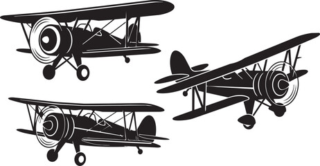 Vintage biplane vector illustration set featuring classic propeller aircraft silhouettes isolated on a clean white background © Abdul