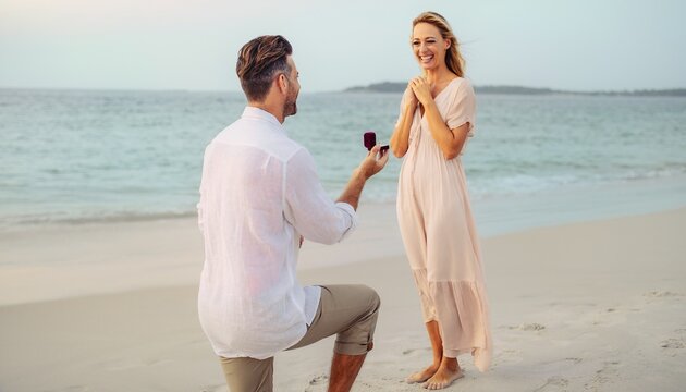 Romantic man proposing to his girlfriend with an engagement ring on a tropical beach while kneeling by the calm ocean waters during sunset