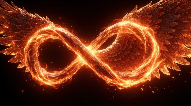 Glowing orange infinity symbol morphs into large fiery wings. Burning flame icon represents endless freedom, spiritual transformation. Abstract light energy symbolises rebirth, empowerment, limitless