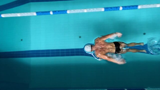 Top down footage of man swimming butterfly across pool lane during practice session. Sports background showing dolphin stroke, speed, body control, and aquatic fitness performance