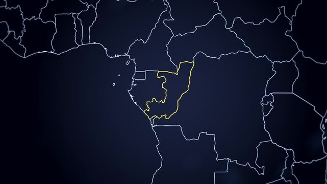 Outline of the Republic of Congo highlighted in yellow on a futuristic digital globe with the other countries outlines in blue. Globe turning and camera zooming in. Gradient blue background.