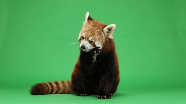 Red Panda Grooming Its Face with a Slow Paw Movement on Green Screen Background