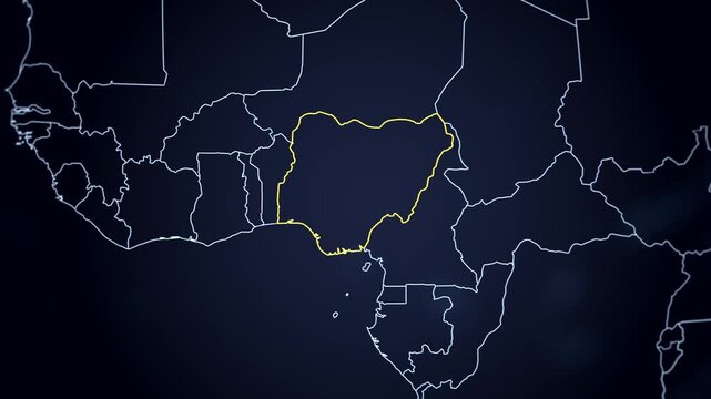 Outline of Nigeria highlighted in yellow on a futuristic digital globe with the other countries outlines in blue. Globe turning and camera zooming in on Nigeria. Gradient blue background.