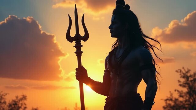 Dramatic silhouette of a figure resembling Lord Shiva holding a trishul (trident) against a vibrant sunset sky. The scene captures devotion, spirituality, and Indian mythology outdoors.