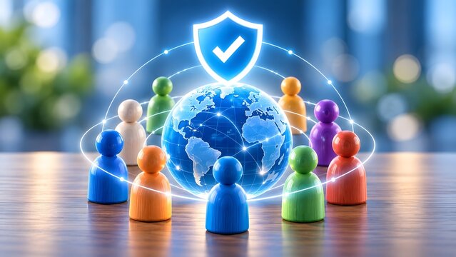 Global protection and security concept. Diverse wooden figures surrounding a glowing Earth globe under a digital shield icon.