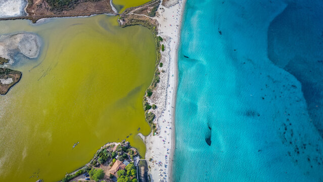 Scenic aerial landscape of Lu Impostu and Cala Brandichi beach, Sardinia, Italy
