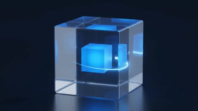 Futuristic glowing blue cubes inside a transparent glass cube on a dark background representing technology, data processing, and digital innovation