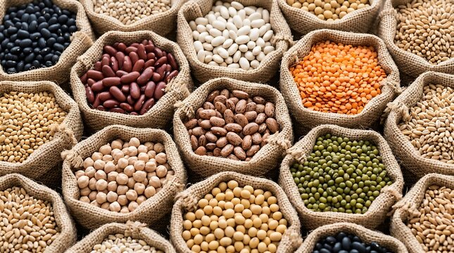 Top view of various types of legumes and grains in burlap sacks arranged in a grid pattern, including beans, lentils, chickpeas, and wheat, showcasing a variety of healthy food ingredients