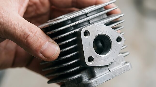 Closeup of a small engine cylinder block with cooling fins held in a hand, showing the intake or exhaust port with bolt holes for assembly