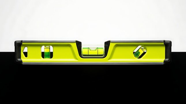 Professional spirit level tool with lime green body and three vials, isolated on white background