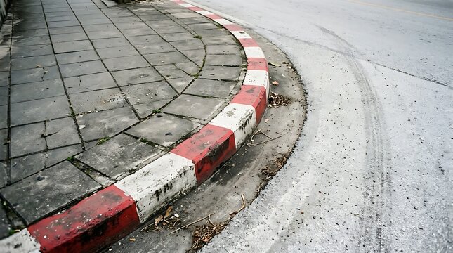 A highangle view of a curved concrete sidewalk curb painted with red and white stripes, bordering an asphalt road with visible tire tracks on a bright day