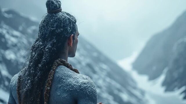 Depiction of Lord Shiva in the snow-covered Himalayas, symbolizing asceticism, meditation, and the connection to nature in Hindu mythology. Spiritual tranquility in freezing mountains.