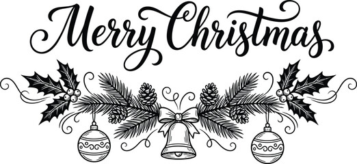 Merry Christmas calligraphy lettering design decorated with pine branches holly leaves bells and baubles isolated on transparent background © Dot Pixel