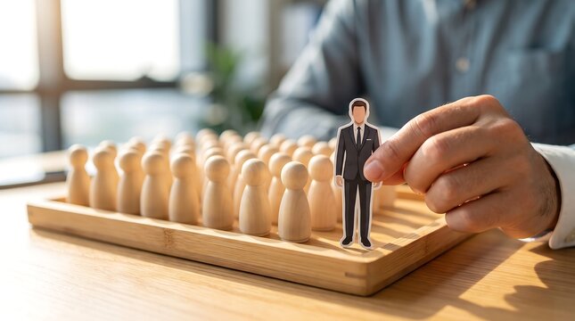 Corporate figure cutout being picked by a hand next to identical wooden game tokens with pawns personnel management pieces board strategy
