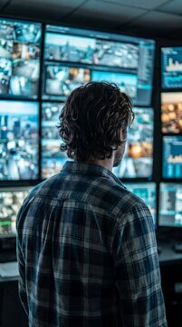 Security operator watching CCTV surveillance monitors in control room, rear view of man in plaid shirt monitoring multiple camera screens, safety and video monitoring technology