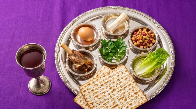 Traditional Seder Plate with Matzah and Wine for Passover Celebration