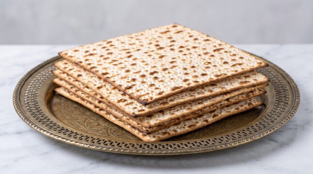 Stack of unleavened matzah bread on a decorative brass plate, traditional Jewish Passover food