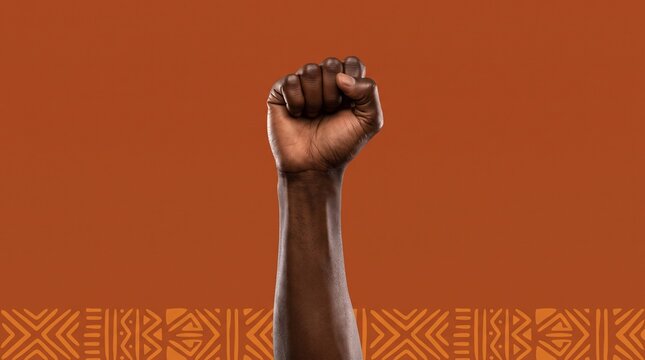 Black fist raised in protest against a warm orange background with tribal patterns
