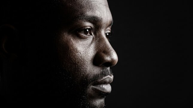 Close up profile portrait of a Black man with intense gaze against a dark background