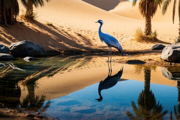Naklejka premium Blue crane stands by desert oasis water. Elegant bird reflects in still pond near sand dunes, palm trees. Wild avian life lives in arid wilderness. Nature scene shows beautiful wildlife in hot desert