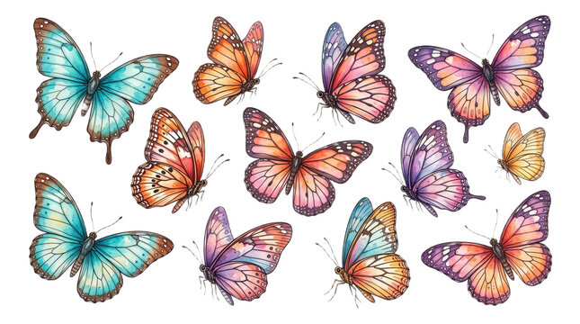 Set of colorful watercolor butterflies isolated on transparent background