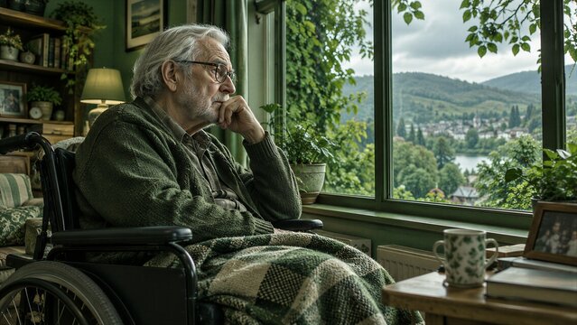 Lonely Older Man in a Wheelchair by a Window, Reflecting Isolation, Retirement Concerns, and a Quiet Life at Home.