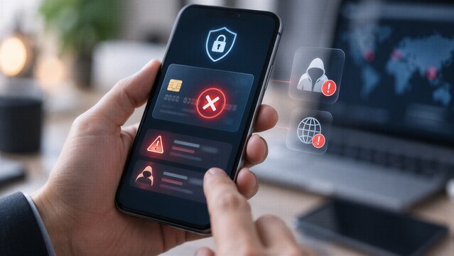 Secure Mobile Banking Interface Showing Blocked Credit Card Payment Warnings and Cybersecurity Threat Notifications.