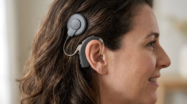 Mature woman wearing a cochlear implant and sound processor for hearing loss. Generative AI.