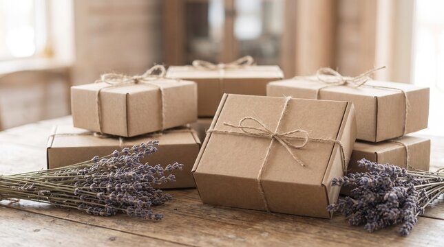 Kraft boxes tied with twine and lavender sprigs rest on wood