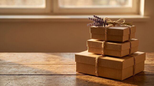 Kraft boxes tied with twine and lavender rest on a wooden surface