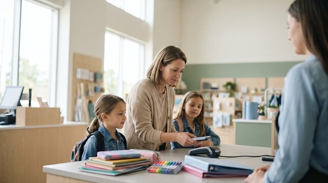 Mother paying with phone at school store while daughters wait